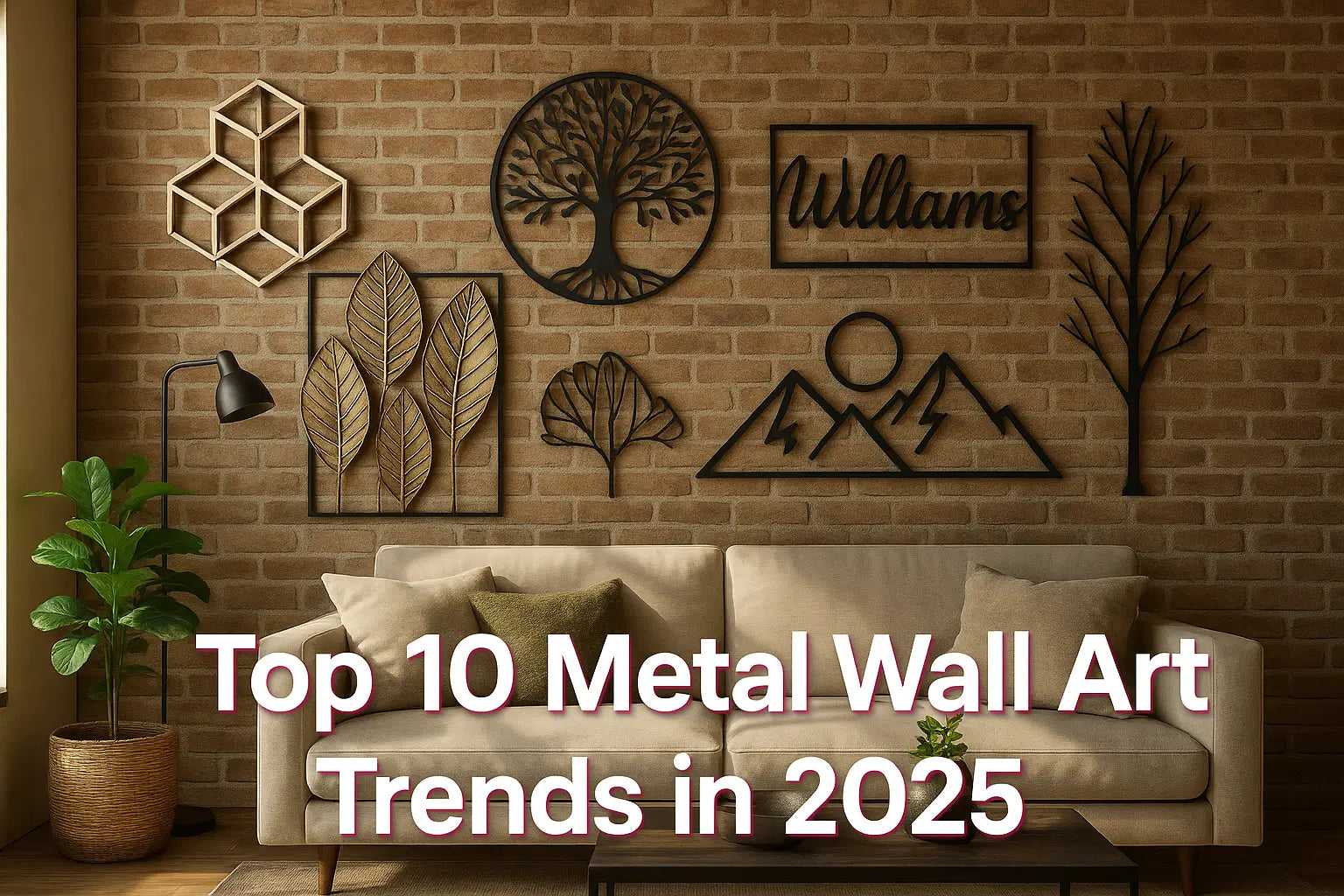 Modern interior with simple black metal wall art, illustrating the 2025 trend of clean-lined abstract decor in neutral-toned living spaces.