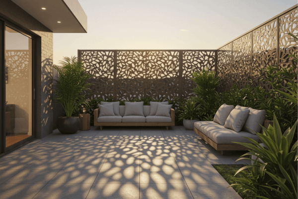 Modern patio with laser-cut privacy panels casting artistic shadows at sunset, surrounded by lush green plants.