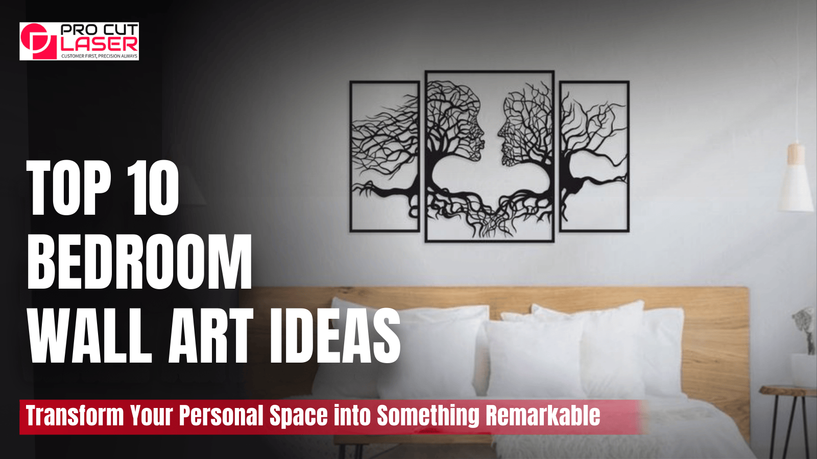 Top 10 bedroom wall art ideas headline with 'Transform Your Personal Space' text overlay on decorative background
