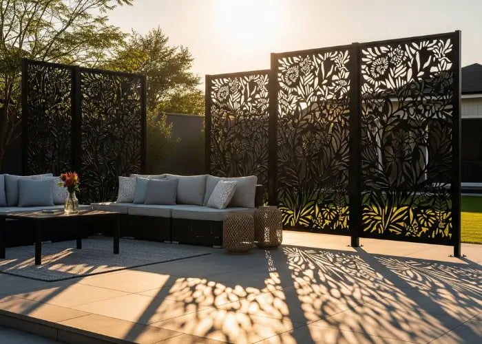 Laser-cut botanical privacy screens creating a cozy garden nook.