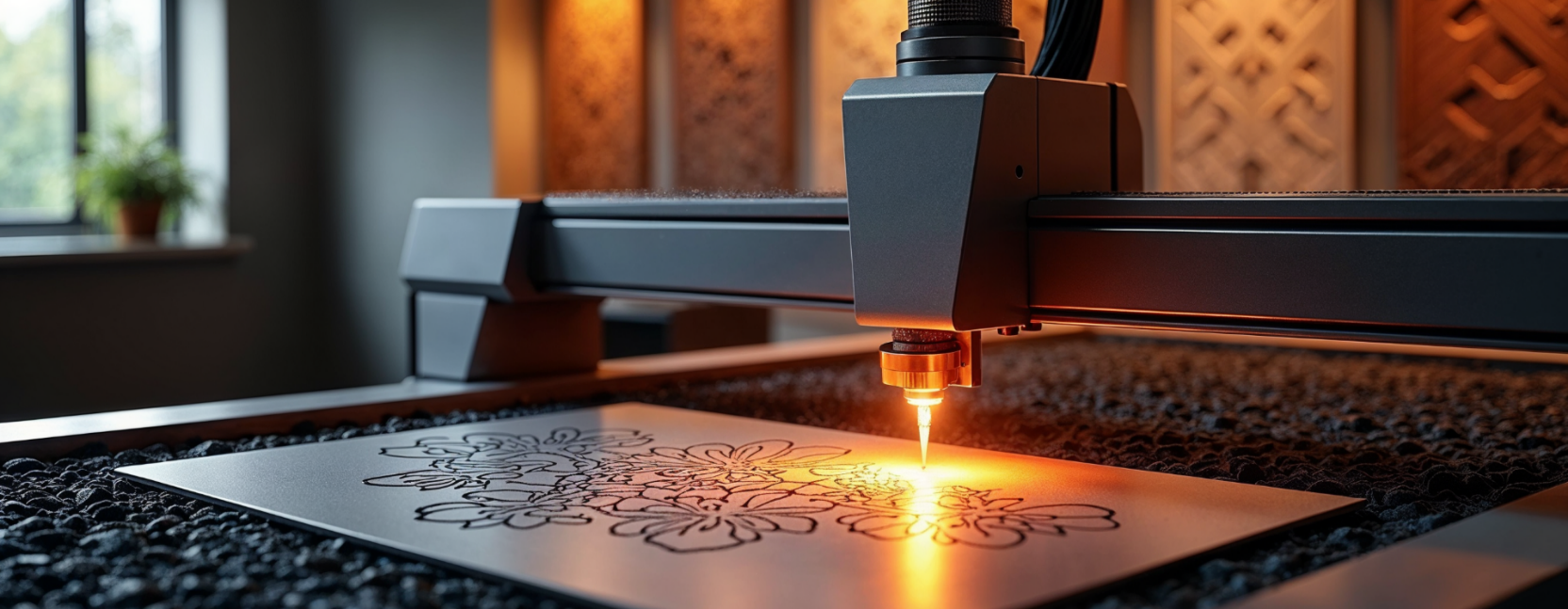Close-up of a sleek, modern fiber laser machine cutting a detailed floral design into a metal sheet, with a glowing orange beam at the cutting point, set against a backdrop of intricately designed metal wall art. The image showcases the precision and craftsmanship of Pro Cut Laser's metal cutting services.