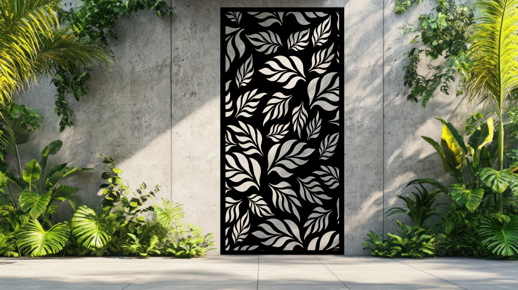 Botanic Wonder metal privacy screen in Black, featuring an intricate leaf-inspired design for a modern yet natural outdoor or indoor space.