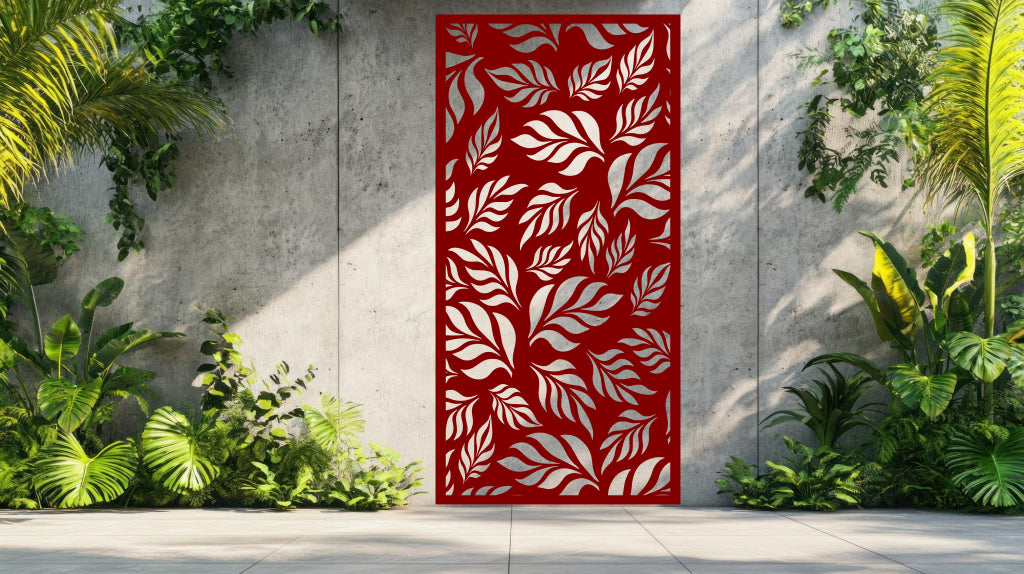 Botanic Wonder screen in Manor Red, offering a bold and striking leaf pattern that complements modern and traditional outdoor spaces.