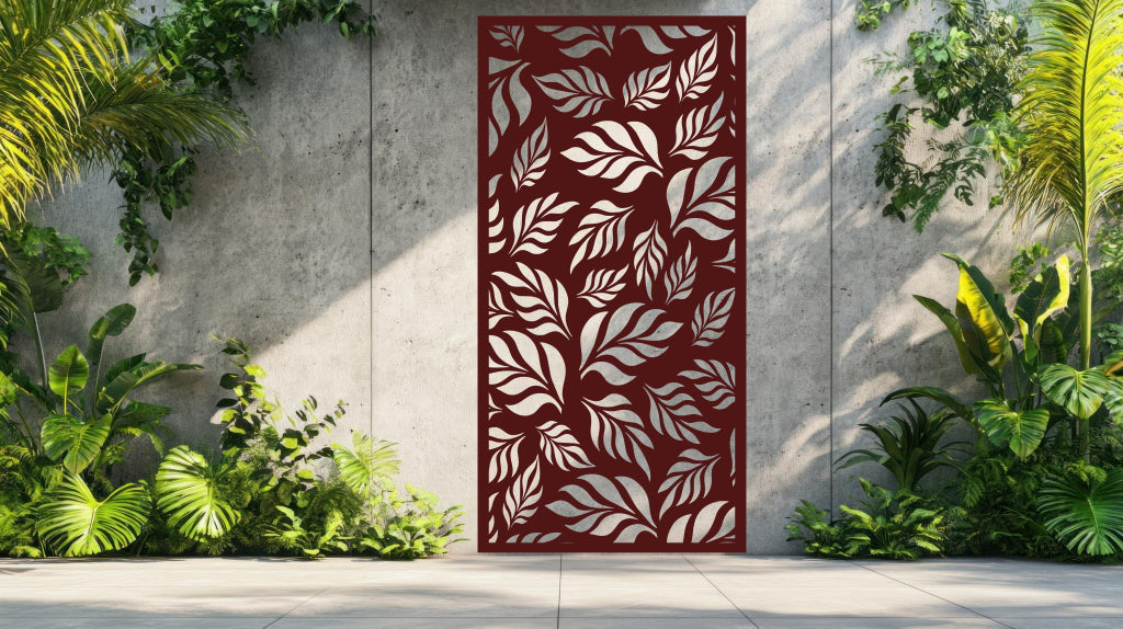 Botanic Wonder privacy screen in Rust Patina, providing an aged, weathered look with a timeless botanical motif for rustic and industrial themes.