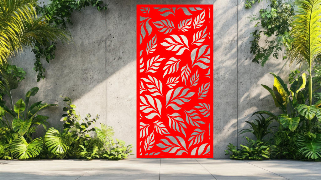 Botanic Wonder metal screen in Signal Red, blending a vibrant and energetic hue with a graceful leaf pattern for a statement décor piece.