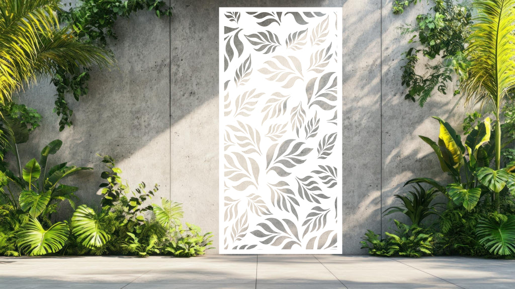 Botanic Wonder privacy screen in Bright White Gloss, showcasing a detailed botanical pattern that brings elegance to contemporary and classic settings.