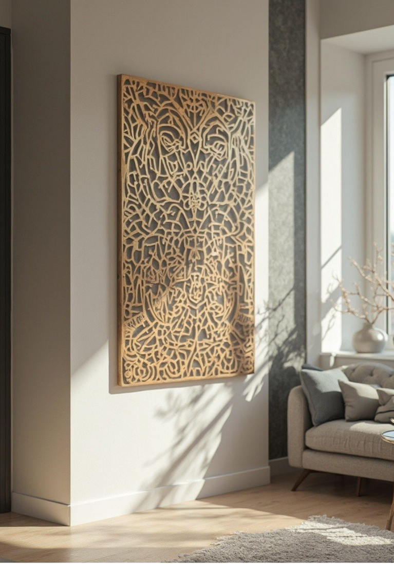 A modern living space featuring a large intricately designed metal wall art panel. The panel has an abstract pattern and has been powder-coated in a natural wood-like finish, mounted on a light-colored wall, with sunlight casting soft shadows across the room