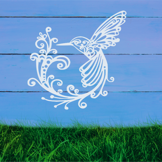 Delicate metal wall art featuring a hummingbird with intricately detailed wings and tail, surrounded by swirling vine patterns, finished in Bright White Gloss powder coating, mounted on a rustic white wooden backdrop, perfect for adding a touch of nature to an outdoor space.