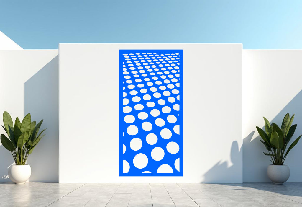 Infinite Circles privacy screen in Blaze Blue Gloss, featuring a vibrant blue finish and bold circular design for a playful yet stylish outdoor feature.