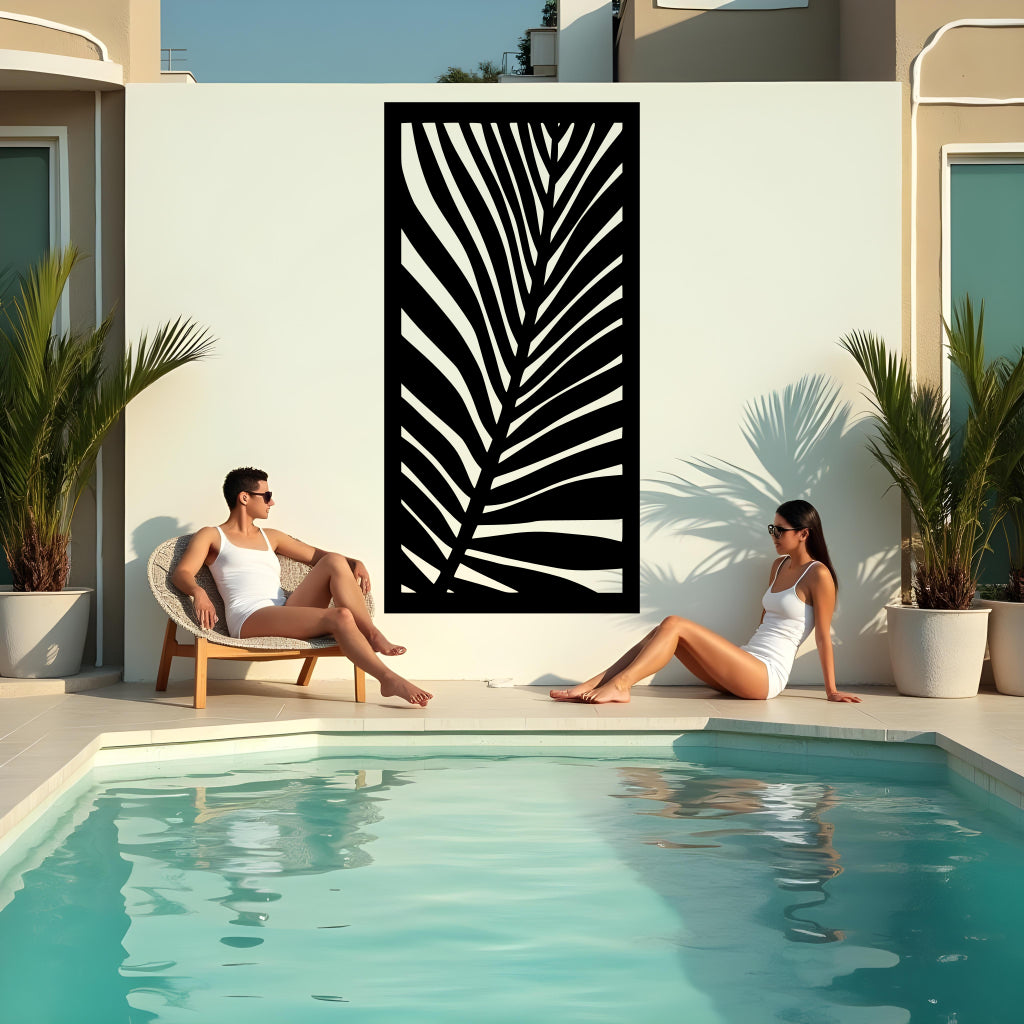 Palm Leaf privacy screen in Night Sky Matt Black, featuring a bold, tropical palm frond design, perfect for adding modern sophistication to any outdoor area.