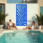 Palm Leaf privacy screen in Blaze Blue Gloss, featuring a vivid blue finish with a tropical leaf design to bring a lively touch to your garden.