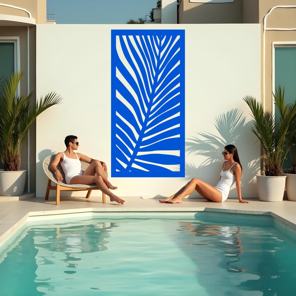 Palm Leaf privacy screen in Blaze Blue Gloss, featuring a vivid blue finish with a tropical leaf design to bring a lively touch to your garden.