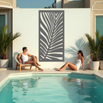 Palm Leaf privacy screen in Berry Grey Gloss, offering a sleek grey finish with a bold palm motif for contemporary garden decor.