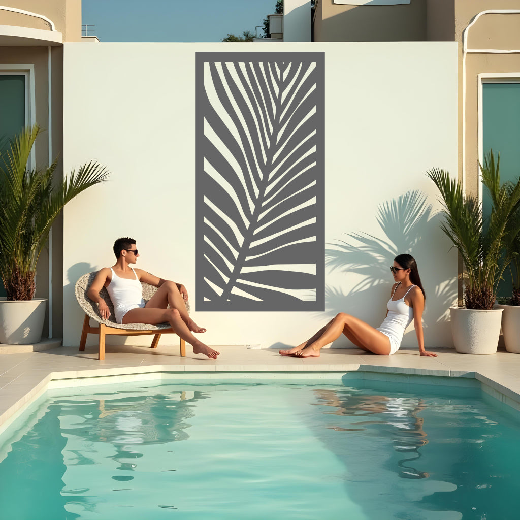 Palm Leaf privacy screen in Berry Grey Gloss, offering a sleek grey finish with a bold palm motif for contemporary garden decor.
