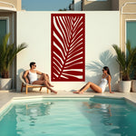 Palm Leaf privacy screen in Manor Red, combining a bold red finish with a tropical leaf motif for an eye-catching garden statement piece.