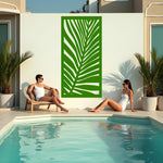 Palm Leaf privacy screen in Mistletoe green, showcasing a lush tropical leaf design with a refreshing natural vibe for outdoor spaces.