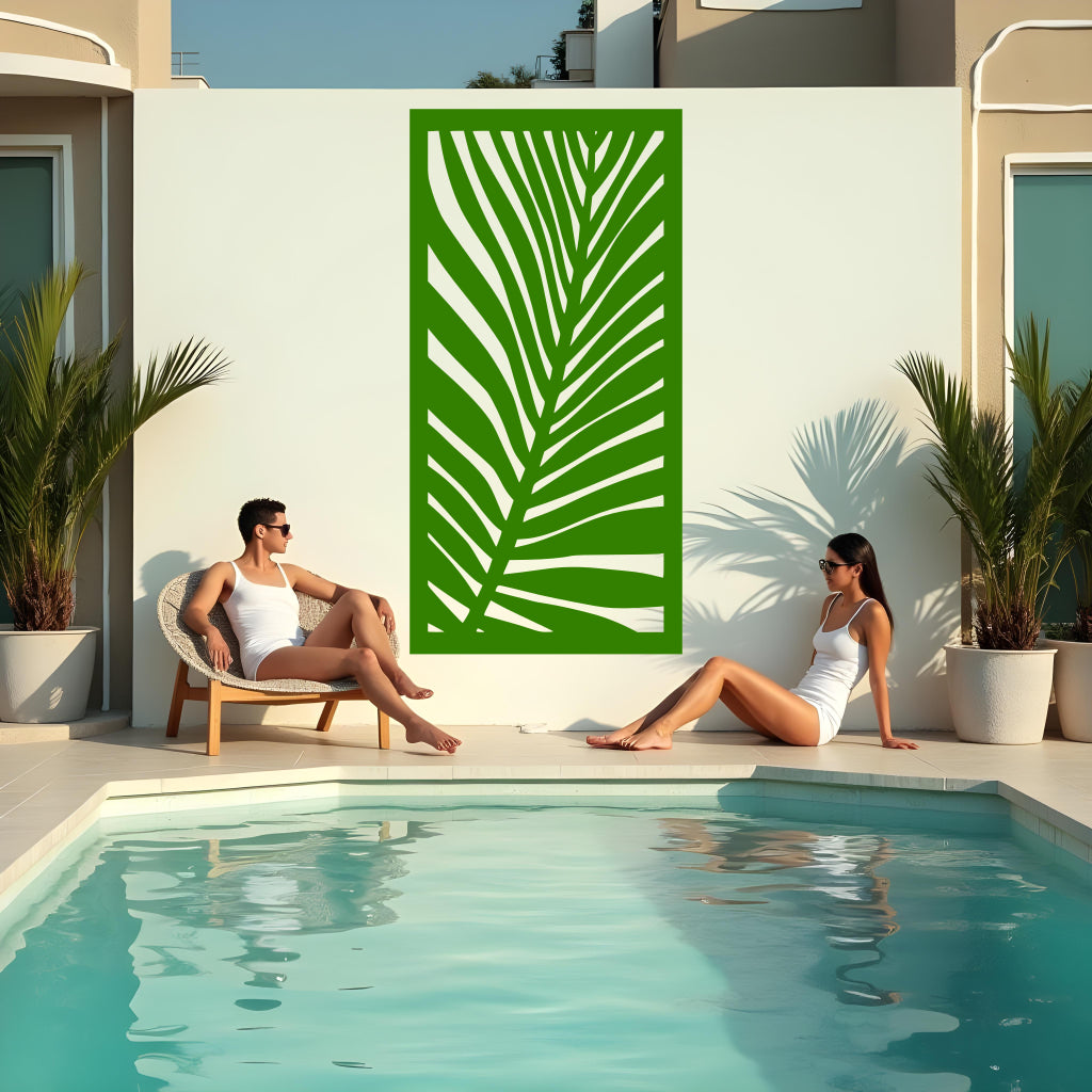 Palm Leaf privacy screen in Mistletoe green, showcasing a lush tropical leaf design with a refreshing natural vibe for outdoor spaces.
