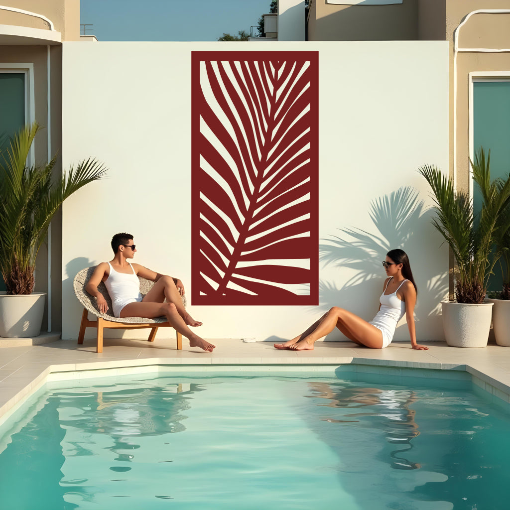 Palm Leaf privacy screen in Rust Patina, offering a weathered, earthy finish with an intricate tropical design for a rustic yet elegant look.
