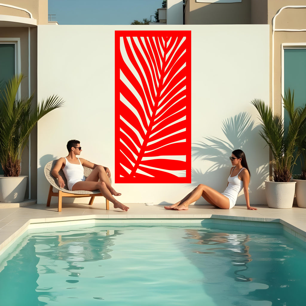 Palm Leaf privacy screen in Signal Red, featuring a vibrant red hue and detailed palm design to energize outdoor living spaces.