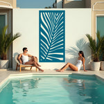 Palm Leaf privacy screen in Wedgwood Satin blue, blending smooth blue tones with a bold palm leaf pattern for a calming, stylish outdoor setting.