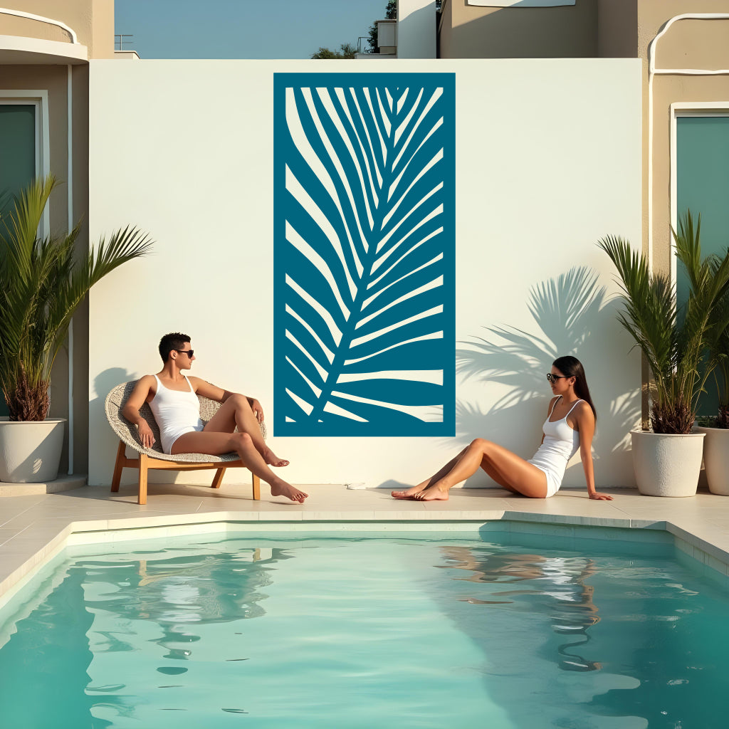 Palm Leaf privacy screen in Wedgwood Satin blue, blending smooth blue tones with a bold palm leaf pattern for a calming, stylish outdoor setting.