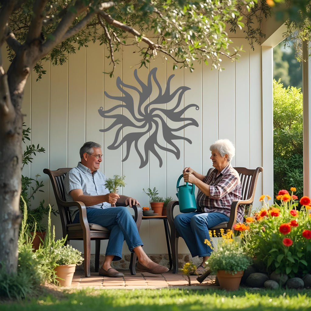 Twilight Radiance metal wall art in Berry Grey Gloss, combining a sophisticated grey finish with a dynamic swirling sun design for modern decor.