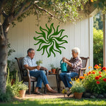 Twilight Radiance metal wall art in Mistletoe green, blending a natural green hue with a radiant sunburst pattern for a harmonious outdoor accent.