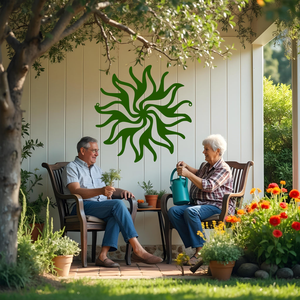Twilight Radiance metal wall art in Mistletoe green, blending a natural green hue with a radiant sunburst pattern for a harmonious outdoor accent.