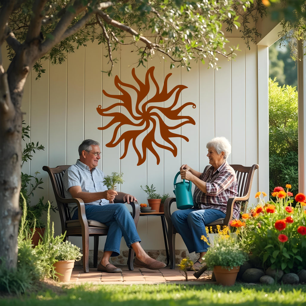 Twilight Radiance metal wall art in Rust Patina, delivering a natural, earthy look with its sunburst pattern, perfect for rustic or industrial decor themes.