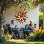 Twilight Radiance metal wall art in Rust Patina, delivering a natural, earthy look with its sunburst pattern, perfect for rustic or industrial decor themes.