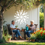 Twilight Radiance metal wall art in Bright White Gloss, featuring a radiant sunburst pattern that brings a fresh and contemporary touch to walls and gardens.