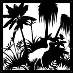 Stunning Wetlands metal wall art panels in Black, showcasing tropical flora and elegant herons, perfect for enhancing garden walls with a serene nature-inspired touch.
