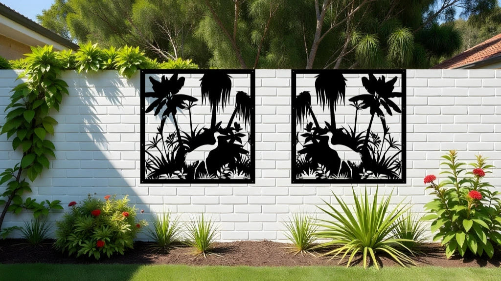 Chic Wetlands wall art panels in Night Sky Matt Black, displaying intricate wetland designs with herons and palm trees, adding a sleek and natural vibe to any space.