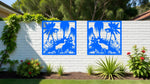 Vibrant Wetlands metal wall art panels in Blaze Blue Gloss, featuring intricate herons and tropical plants, perfect for creating a bold and serene outdoor statement.