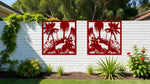 Bold Wetlands wall art panels in Manor Red, featuring tropical plants and herons, creating a striking accent for outdoor walls or fences.