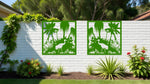 Nature-inspired Wetlands wall art panels in Mistletoe, with tropical plants and herons, blending seamlessly into lush greenery.