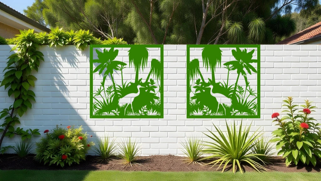 Nature-inspired Wetlands wall art panels in Mistletoe, with tropical plants and herons, blending seamlessly into lush greenery.