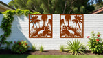 Rustic Wetlands metal wall art panels in Rust Patina, with intricate wetland designs, blending beautifully into natural or earthy garden landscapes.